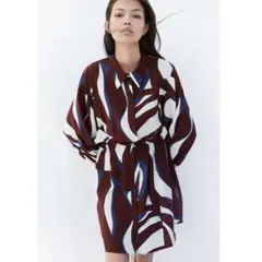 H&M◎ベルト付きブラウスワンピース　ブラウン　総柄　バルーンスリーブ　茶色