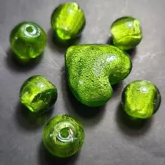 金箔　ガラスビーズ　緑　7点セット