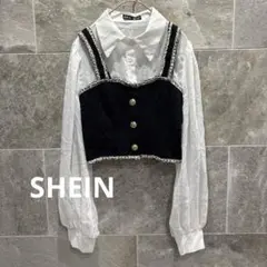 シーイン ビスチェ風ブラウス 金ボタン ドッキングトップス M 白　パフスリーブ