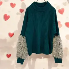 Vis ファー付きニットセーター グリーン