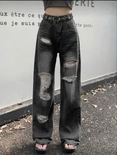 ブラックフリンジヘムブーツカットデニム | Mercari