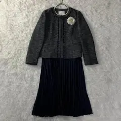 美品 セレモニースーツ ツイード 濃紺 ノーカラー プリーツ 3 M相当 入学式