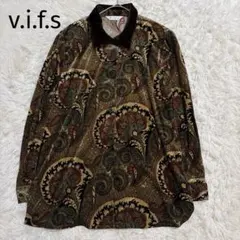 ＊V.i.f.s ＊【M】レトロブラウス　総柄　派手シャツ コーデュロイ　ベロア