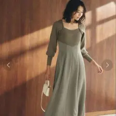 FRAY I.D♡スクエアーネックコンビワンピース カーキ