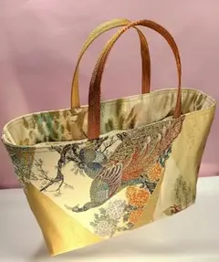 帯　トートバック　正絹　雀花文　金糸　帯リメイク　刺繍　鳥模様　花模様　高級