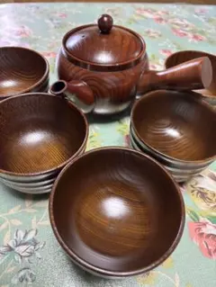 鹿野漆器　楽亭　天然木製　漆塗　煎茶揃 5客セット 急須付き 竹籠収納　茶器揃え