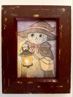 手描きミニ水彩原画 ハロウィン猫