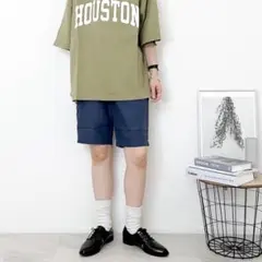 新品　春夏物　綿麻ショートパンツ　ストレッチあり　ウエストゴム　ネイビー　紺色