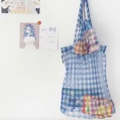 ギンガムチェック トートバッグ 巾着セット 青 シースルー レディース 模様
