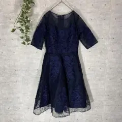 美品 ドレス 刺繍レースドレス ネイビー 半袖 フレア フォーマル ワンピース