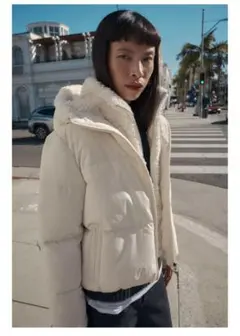 ZARA 新品フェイクシープスキンフード付き撥水ウィンドブレーカーアノラックL