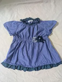 ファミリア　チュニック　半袖ブラウス ブルー　チェック　花　フリル