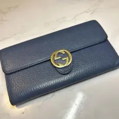 01 極美品 GUCCI 長財布 二つ折り財布 インターロッキングG ブルー系