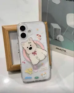 iPhone17用透明ケース　MagSafe対応　犬イラスト　マグネットスタンド