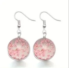 ピンク花模様ドロップ型ピアス　可愛い　お洒落　個性的　カジュアル　新品