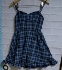 ●チェック柄キャミソールワンピース ブルー フリル ティアードスカート