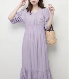 【美品】ナチュラルクチュール　ワッシャー　カシュクール　ワンピース パープルFのサムネイル