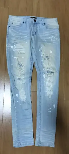 Vmen ダメージ加工 スキニーデニムライトブルー