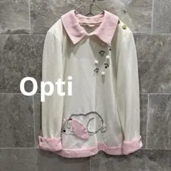 Opti オプティ 日本製 犬 刺繍 レトロ 襟付き トップス ピンク M~L
