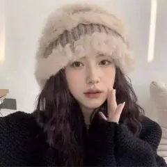 ラビットファー ニット帽フィッシャーマンバケットハット ホワイトベージュ