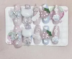 ♡現品♡ネイルチップ量産型地雷系ねこピンク水色平成女児ゴテゴテ