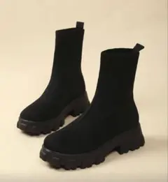 厚底ニットブーツソックスブーツショートブーツ24cm黒ストレッチ軽い！