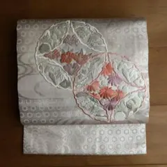 名古屋帯 花柄刺繍 薄シルバーピンク