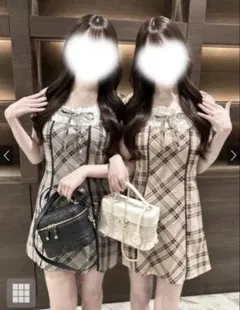 2way チェック柄 パフスリーブ ミニワンピース　ホビ垢