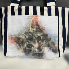 お値下げ❣️新品未使用❣️ハンドメイド❣️ストライプ柄子猫ちゃんプリントトートバッグ❣️