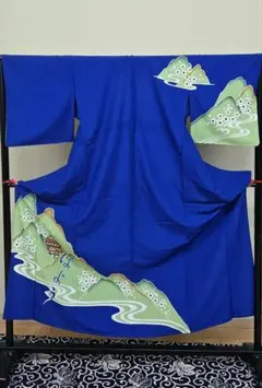 洗える着物 胴抜き袖単衣 絵羽柄【鮮やか青に金彩波頭】高級ポリ 舞台