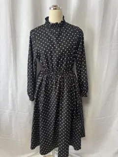 ロングワンピース 水玉 黒 レトロ 春秋
