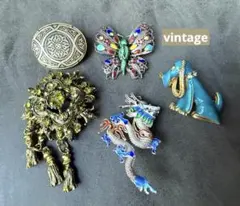 vintage ／ ブローチセット ゴールド アニマル 蝶々 ストーン