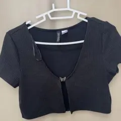 H&M ブラックリブ編みショートTシャツ M