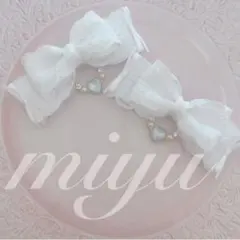 ヘアクリップ　（白ハートレース♡カラーミニリボン　白）ロリィタ　推し活　量産型