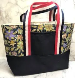 トートバッグ帯リメイク花柄×紺着物#0887ハンドメイドJA龍★匿名配送のサムネイル