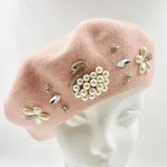 装飾付きピンクウールベレー帽