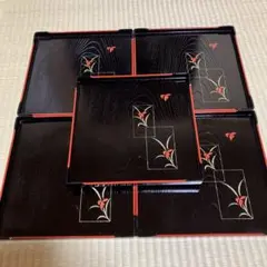 おもてなし盆　お盆　木製　漆器　お膳　角盆　菖蒲柄　5枚セット