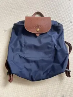 美品　ロンシャン　ネイビー ナイロンリュック レザー付き