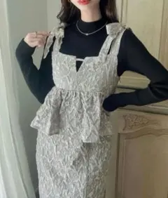 Meiruメイル　肩リボンジャガードペプラムキャミワンピース S グレー