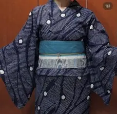 有松絞り　浴衣　バチ襟　トールサイズ　藍色のサムネイル