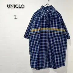 ユニクロ 【L】 トップス シャツ 総柄 チェック柄 前開きボタン 半袖 夏 青