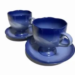 【美品】九谷焼 カップ＆ソーサー ペア 2客 コーヒー碗 青 ブルー