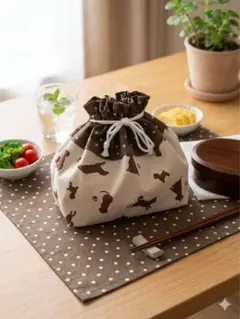 お弁当袋＆ランチョンマット 2点セット（イヌ柄・茶色ドット）