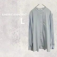 アメリカンホリック ノーカラーシャツ バンドカラー 長袖 L ストライプ柄 仕事