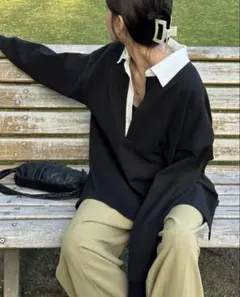 CLANE DEEP NECK WIDE RUGBY SHIRT BLACK 2のサムネイル