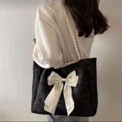 リボン付き トートバッグ ブラック A4収納可 大容量 通勤 通学 レディース