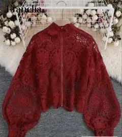 フローラルレースホロー ジッパー前開き長袖ブラウス