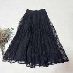 【美品】ミラオーウェン ギャザーフレアフローラル刺繍スカート　黒　0 レース