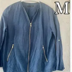 ノーカラージャケット M ドゥドゥ デニム風 ノーカラーブルゾン ネイビー