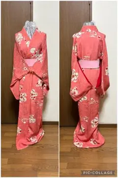 しつけ付きアンティーク!!橘地紋桃地 手描き金彩梅橘紋 袷